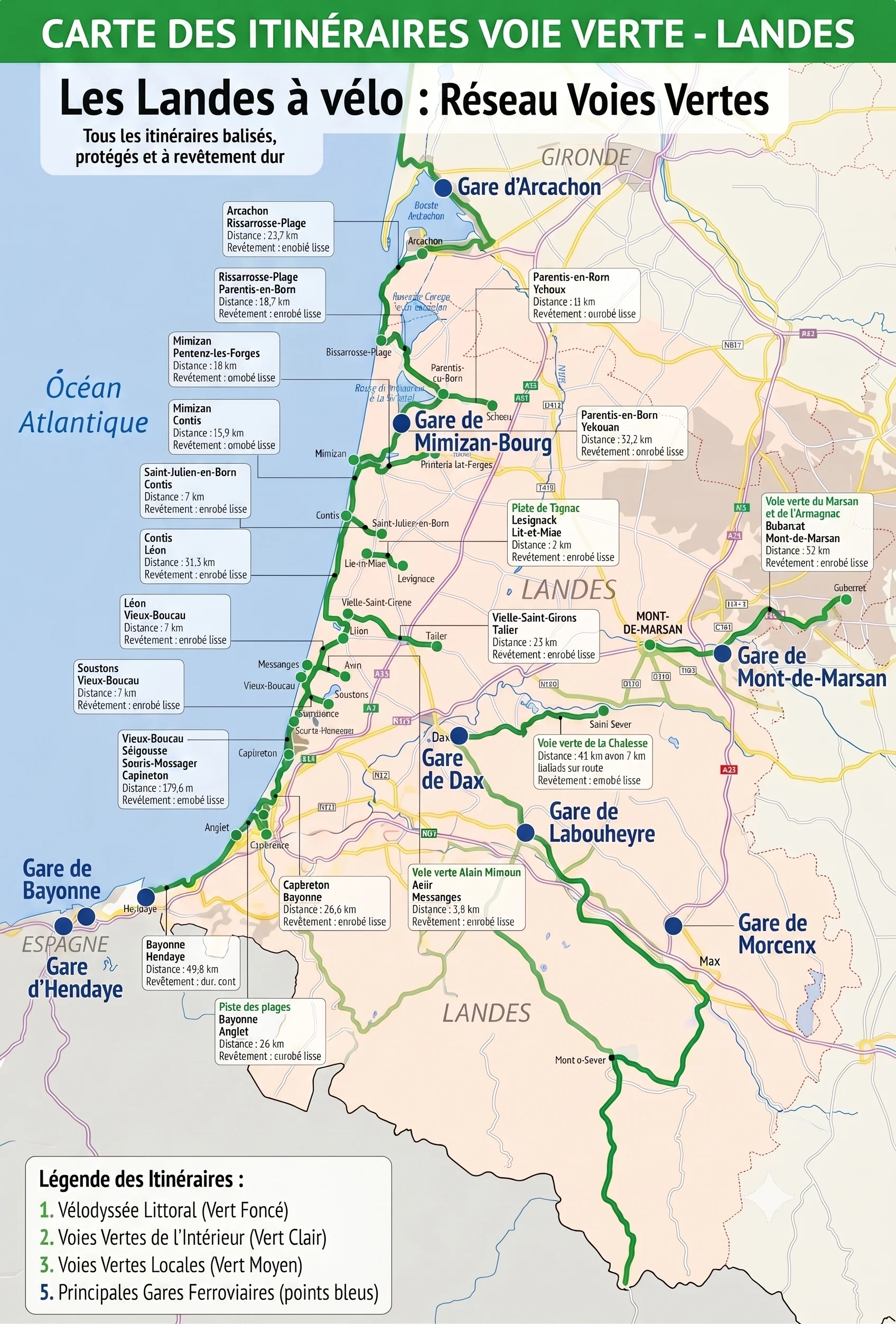 Carte des voies vertes dans les Landes