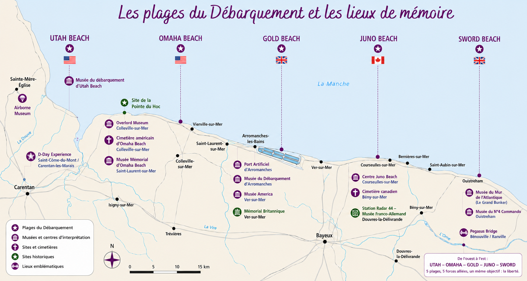 Carte des Plages du debarquement et des principaux lieux de memoire