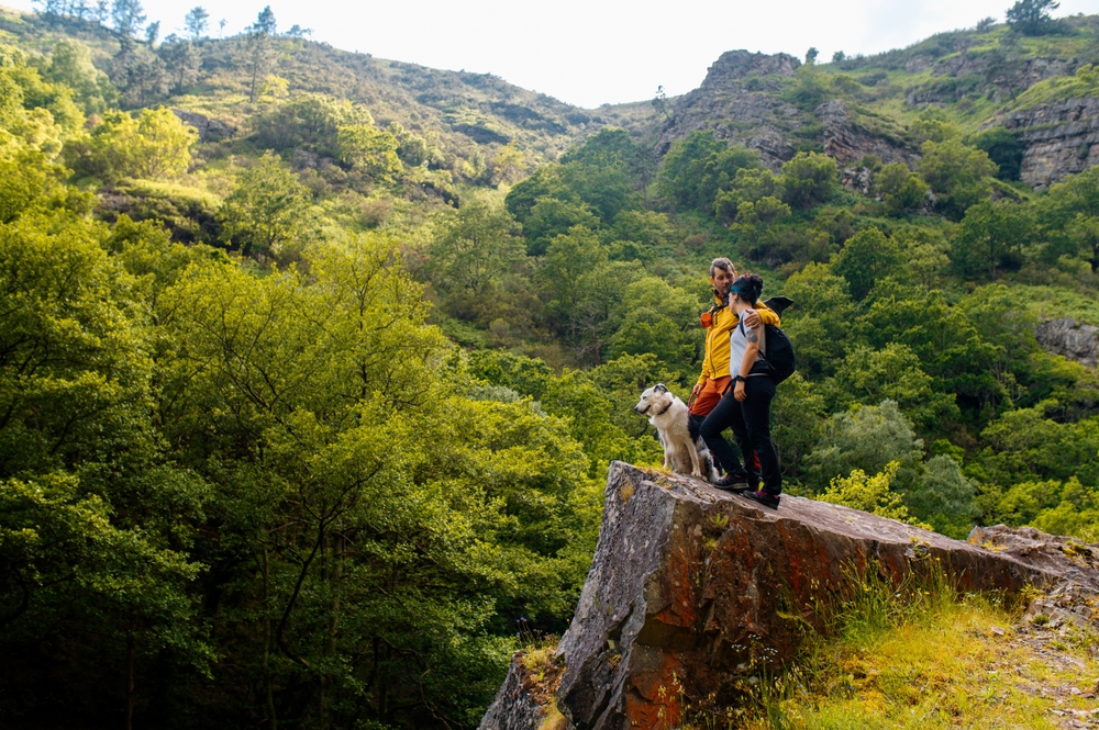 Couple et chien montagne