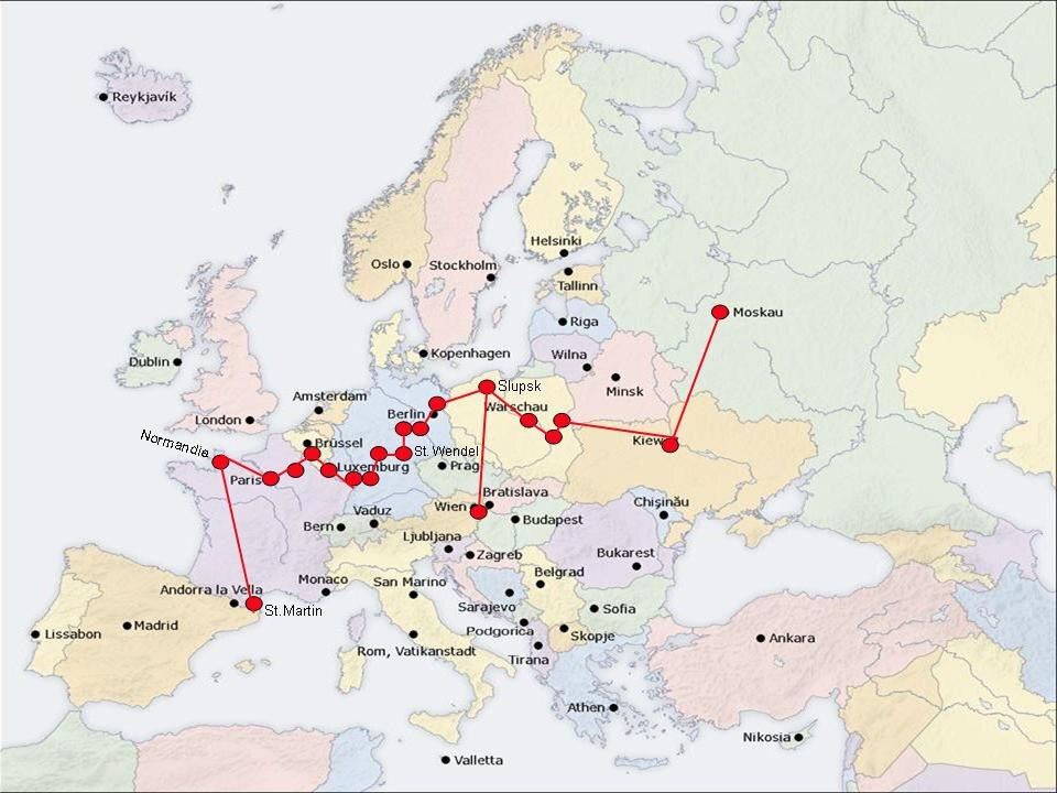 Carte de La voie europeenne des sculptures de la Paix